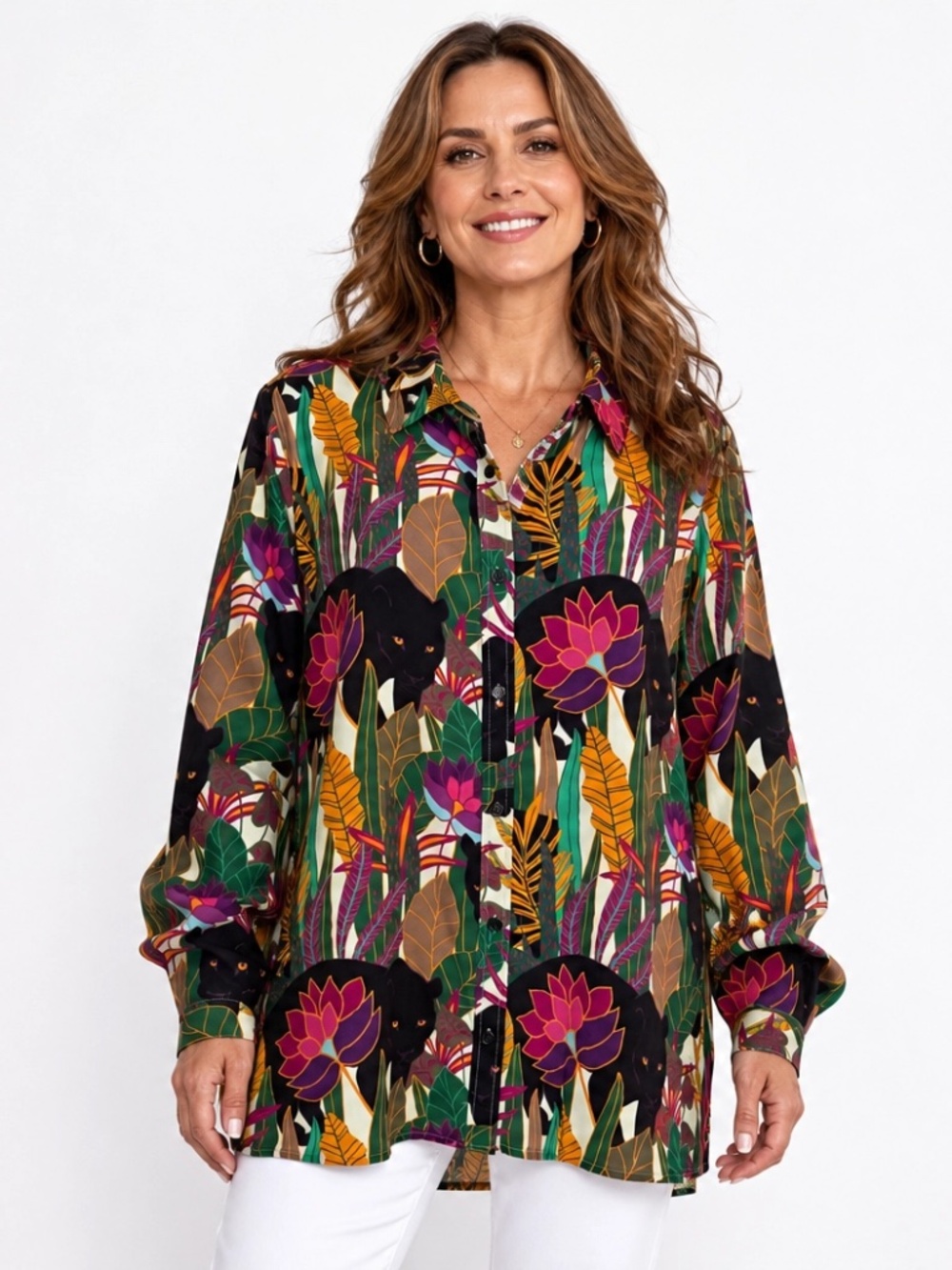 DG2 Diane Gilman Signature Collection Silk Blend Panther Print Blouse L NWT